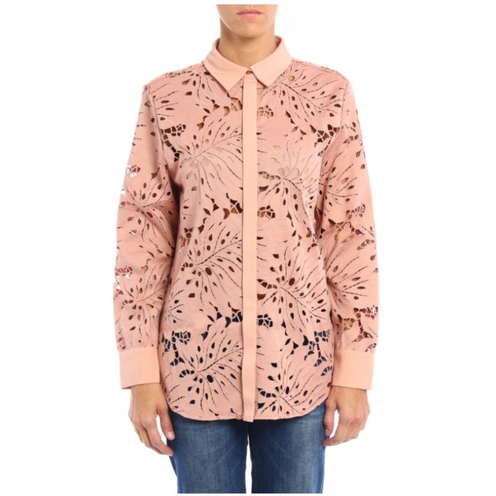 Self Portrait Pink Monstera Guipure Lace Button Down Shirt US 2 UK 6
